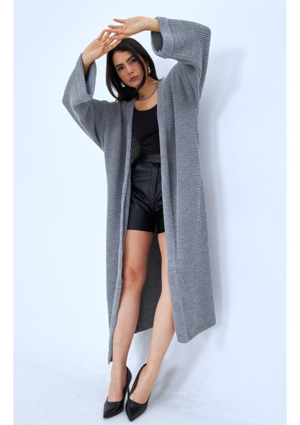 Örgülü Oversize Uzun Kadın Hırka