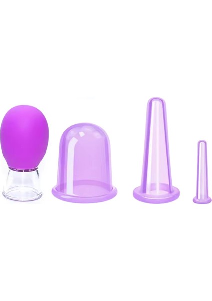 Mini Silikon Vakumlu Mika Yüz Masaj Kupası 4'Lü Karışık Süper Set Mor Renk