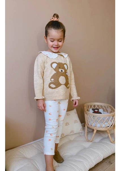 Kız Çocuk Teddy Bear Sevimli Ayıcık Süzene Nakışlı Triko Kazak Fitil Çiçekli Tayt Alt Üst Takım