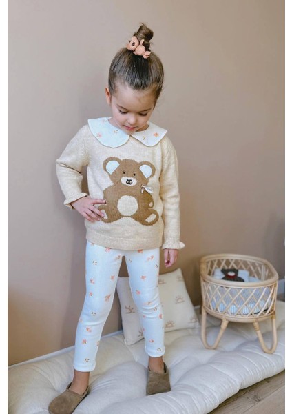 Kız Çocuk Teddy Bear Sevimli Ayıcık Süzene Nakışlı Triko Kazak Fitil Çiçekli Tayt Alt Üst Takım