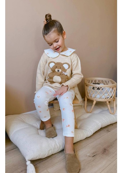 Kız Çocuk Teddy Bear Sevimli Ayıcık Süzene Nakışlı Triko Kazak Fitil Çiçekli Tayt Alt Üst Takım