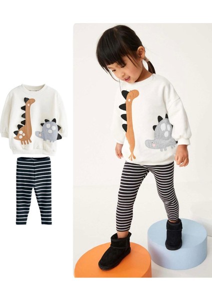 Kız Çocuk 3D Boyutlu Dikenli Dinozor Nakışlı Desenli Kışlık Pamuklu Sweatshirt Tayt Alt-Üst Takım