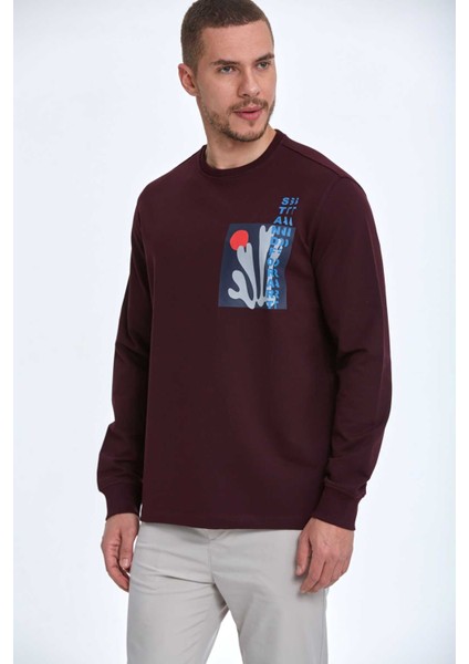 Pattern Bisiklet Yaka Erkek Sweatshirt Bordo