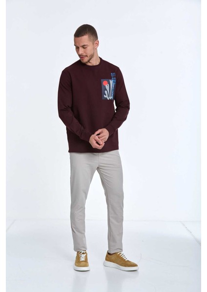 Pattern Bisiklet Yaka Erkek Sweatshirt Bordo modelleri