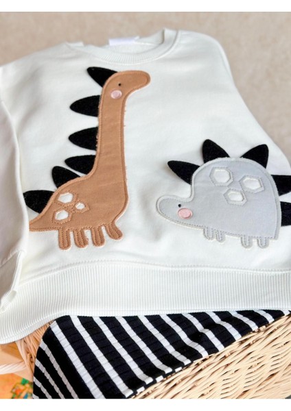 Kız Çocuk 3D Boyutlu Dikenli Dinozor Nakışlı Desenli Kışlık Pamuklu Sweatshirt Tayt Alt-Üst Takım modelleri