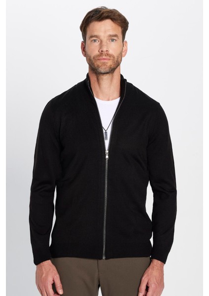 Erkek Slim Fit Dar Kesim Siyah Dik Yaka Fermuarlı Düz Hırka