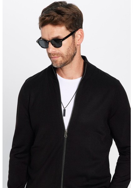 Erkek Slim Fit Dar Kesim Siyah Dik Yaka Fermuarlı Düz Hırka