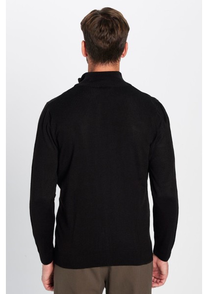 Erkek Slim Fit Dar Kesim Siyah Dik Yaka Fermuarlı Düz Hırka