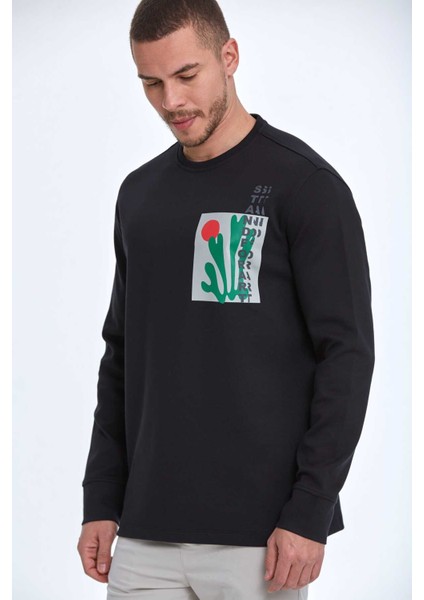 Pattern Bisiklet Yaka Erkek Sweatshirt Siyah