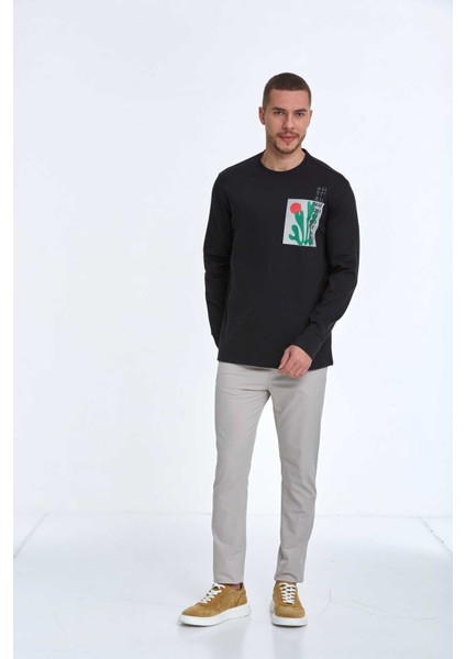 Pattern Bisiklet Yaka Erkek Sweatshirt Siyah fiyatları