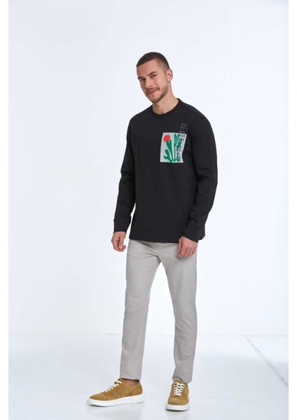 Pattern Bisiklet Yaka Erkek Sweatshirt Siyah fırsatları