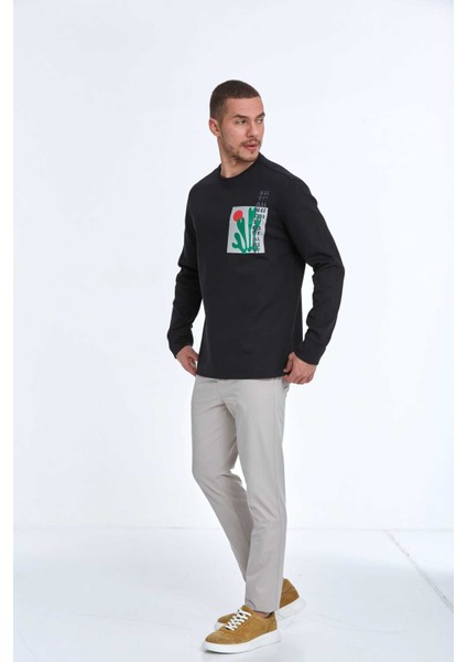 Pattern Bisiklet Yaka Erkek Sweatshirt Siyah indirimleri