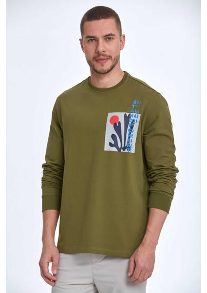 Pattern Bisiklet Yaka Erkek Sweatshirt Haki