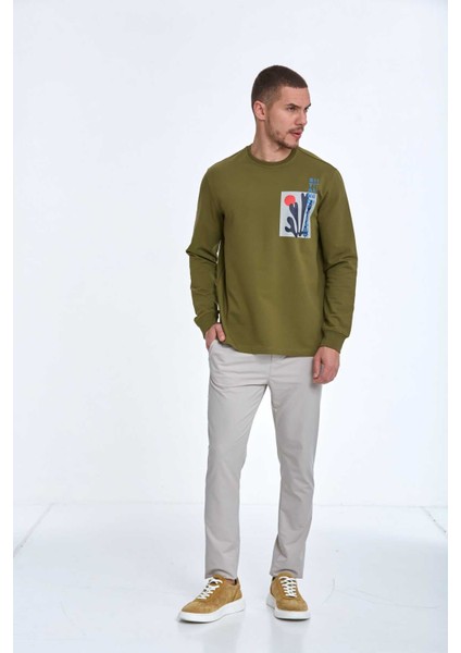 Pattern Bisiklet Yaka Erkek Sweatshirt Haki fiyatları