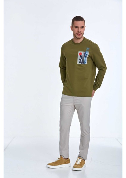 Pattern Bisiklet Yaka Erkek Sweatshirt Haki fırsatları