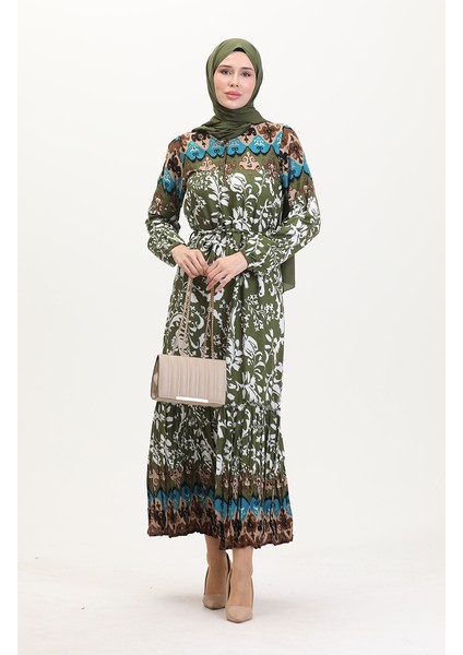 Amelya Farbalı Kuşaklı Viskon Elbise S-M-L-Xl Beden 4588AG-03 Yeşil