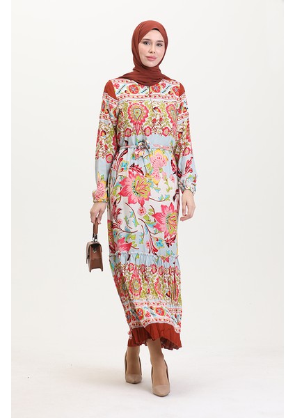 Amelya Farbalı Kuşaklı Viskon Elbise S-M-L-Xl Beden 4588AD-02 Su Yeşili Kırmızı