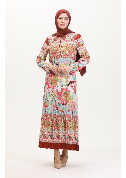 Amelya Farbalı Kuşaklı Viskon Elbise S-M-L-Xl Beden 4588AD-02 Su Yeşili Kırmızı fiyatları