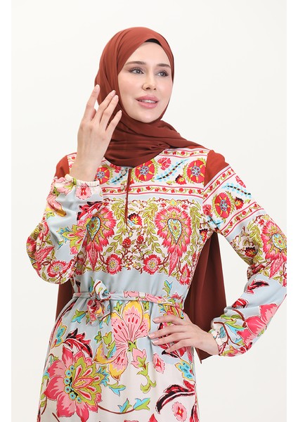 Amelya Farbalı Kuşaklı Viskon Elbise S-M-L-Xl Beden 4588AD-02 Su Yeşili Kırmızı modelleri