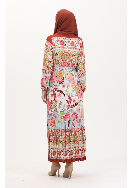 Amelya Farbalı Kuşaklı Viskon Elbise S-M-L-Xl Beden 4588AD-02 Su Yeşili Kırmızı indirimleri