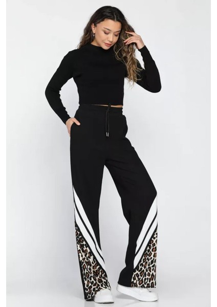 Kadın Siyah Leopar Garnili Ottoman Pantolon