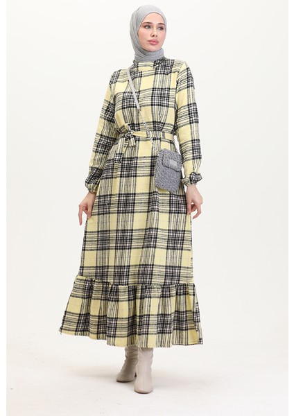 Oduncu Kumaş Kuşaklı Elbise 0537-04 Sarı