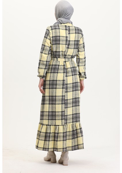 Oduncu Kumaş Kuşaklı Elbise 0537-04 Sarı indirimleri