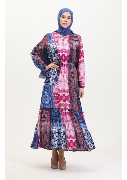 Amelya Farbalı Kuşaklı Viskon Elbise S-M-L-Xl Beden 4588AE-01 Vişne Mavi fiyatları