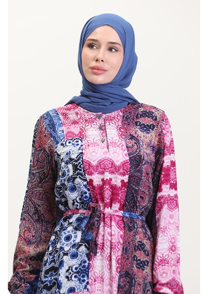 Amelya Farbalı Kuşaklı Viskon Elbise S-M-L-Xl Beden 4588AE-01 Vişne Mavi modelleri