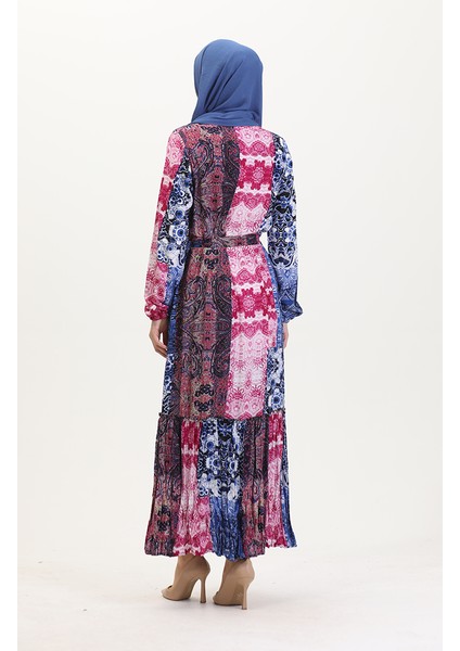 Amelya Farbalı Kuşaklı Viskon Elbise S-M-L-Xl Beden 4588AE-01 Vişne Mavi indirimleri