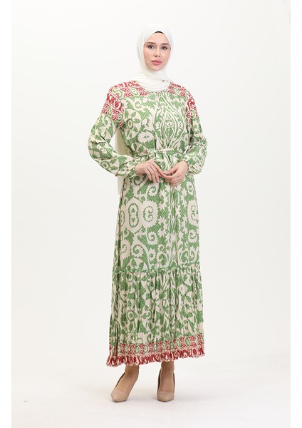 Amelya Farbalı Kuşaklı Viskon Elbise S-M-L-Xl Beden 4588AB-02 Yeşil