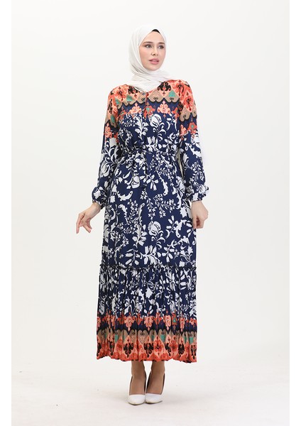 Amelya Farbalı Kuşaklı Viskon Elbise S-M-L-Xl Beden 4588AG-02 Lacivert fiyatları