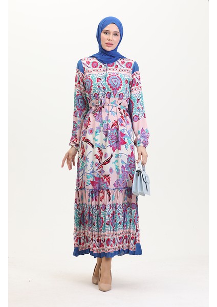 Amelya Farbalı Kuşaklı Viskon Elbise S-M-L-Xl Beden 4588AD-01 Turkuaz Kırmızı