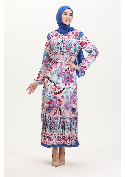 Amelya Farbalı Kuşaklı Viskon Elbise S-M-L-Xl Beden 4588AD-01 Turkuaz Kırmızı fiyatları