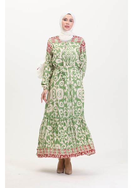 Amelya Farbalı Kuşaklı Viskon Elbise S-M-L-Xl Beden 4588AB-02 Yeşil fiyatları