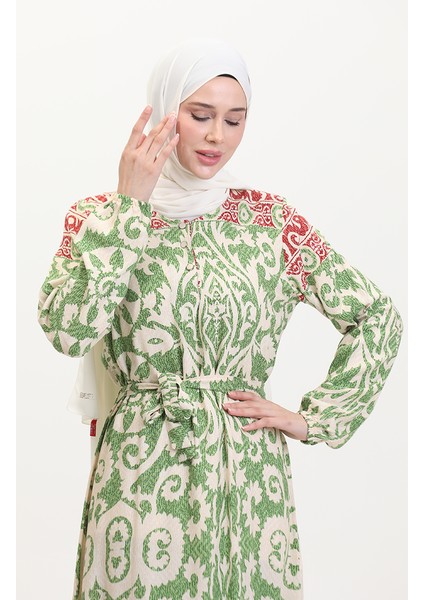 Amelya Farbalı Kuşaklı Viskon Elbise S-M-L-Xl Beden 4588AB-02 Yeşil modelleri