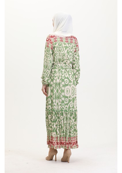 Amelya Farbalı Kuşaklı Viskon Elbise S-M-L-Xl Beden 4588AB-02 Yeşil indirimleri