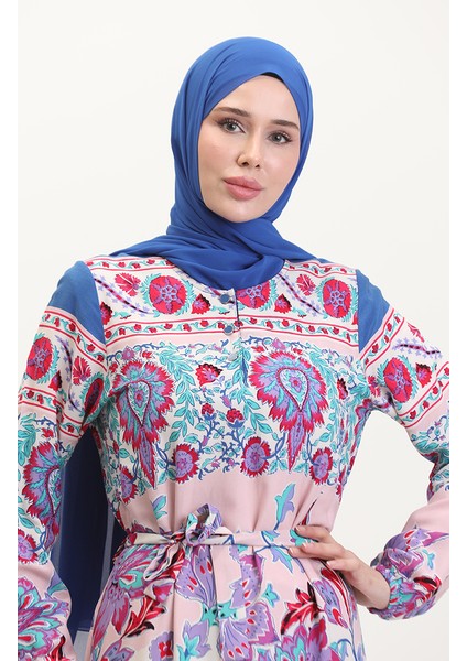 Amelya Farbalı Kuşaklı Viskon Elbise S-M-L-Xl Beden 4588AD-01 Turkuaz Kırmızı modelleri