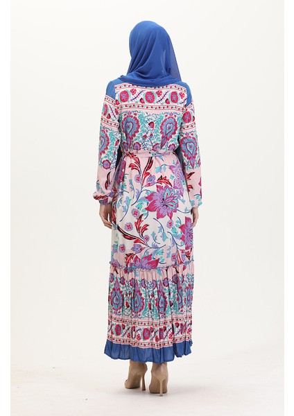 Amelya Farbalı Kuşaklı Viskon Elbise S-M-L-Xl Beden 4588AD-01 Turkuaz Kırmızı indirimleri