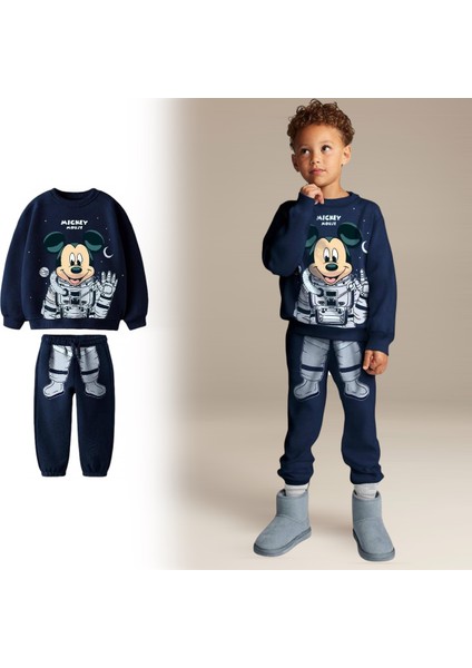 Erkek Çocuk Mickey Mouse Uzayda Temalı Astronot Mickey Baskılı Sweatshirt Eşofman Alt Üst Takım Eşofman Takımı