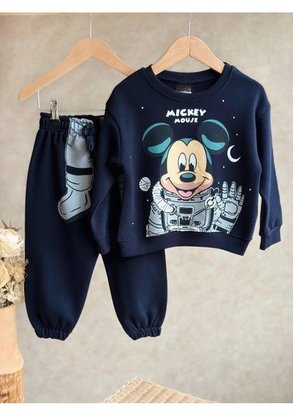 Erkek Çocuk Mickey Mouse Uzayda Temalı Astronot Mickey Baskılı Sweatshirt Eşofman Alt Üst Takım Eşofman Takımı modelleri