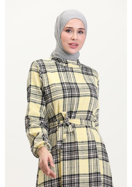 Oduncu Kumaş Kuşaklı Elbise 0537-04 Sarı modelleri