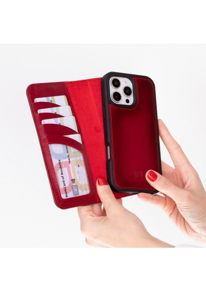 Apple iPhone 16 Pro Uyumlu, Hakiki Deri, El Yapımı, Cüzdanlı Kılıf, Kiraz Çiçeği