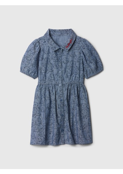 Kız Bebek Koyu Mavi Paddington Desenli Chambray Elbise