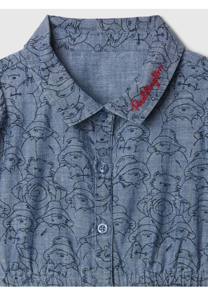 Kız Bebek Koyu Mavi Paddington Desenli Chambray Elbise