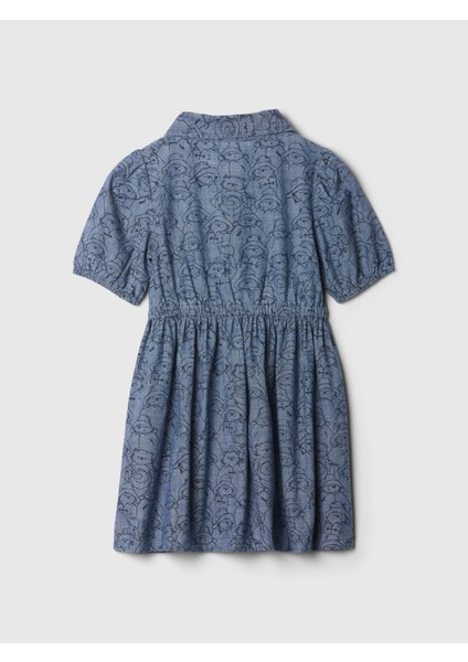 Kız Bebek Koyu Mavi Paddington Desenli Chambray Elbise