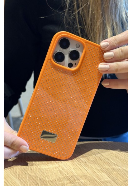 Apple iPhone 16 Pro Max Uyumlu Elmas Pırlanta Taşlı Turuncu Kılıf