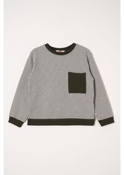 Bisiklet Yaka Tek Cepli Çizgili Haki Renk Erkek Çocuk Çizgili Sweatshirt