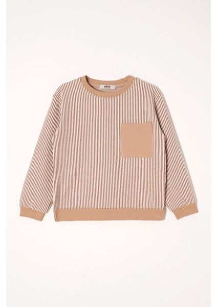 Bisiklet Yaka Tek Cepli Çizgili Vizon Renk Erkek Çocuk Çizgili Sweatshirt