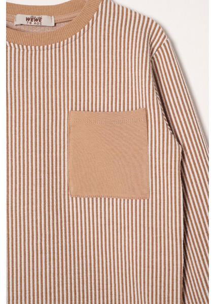 Bisiklet Yaka Tek Cepli Çizgili Vizon Renk Erkek Çocuk Çizgili Sweatshirt fiyatları
